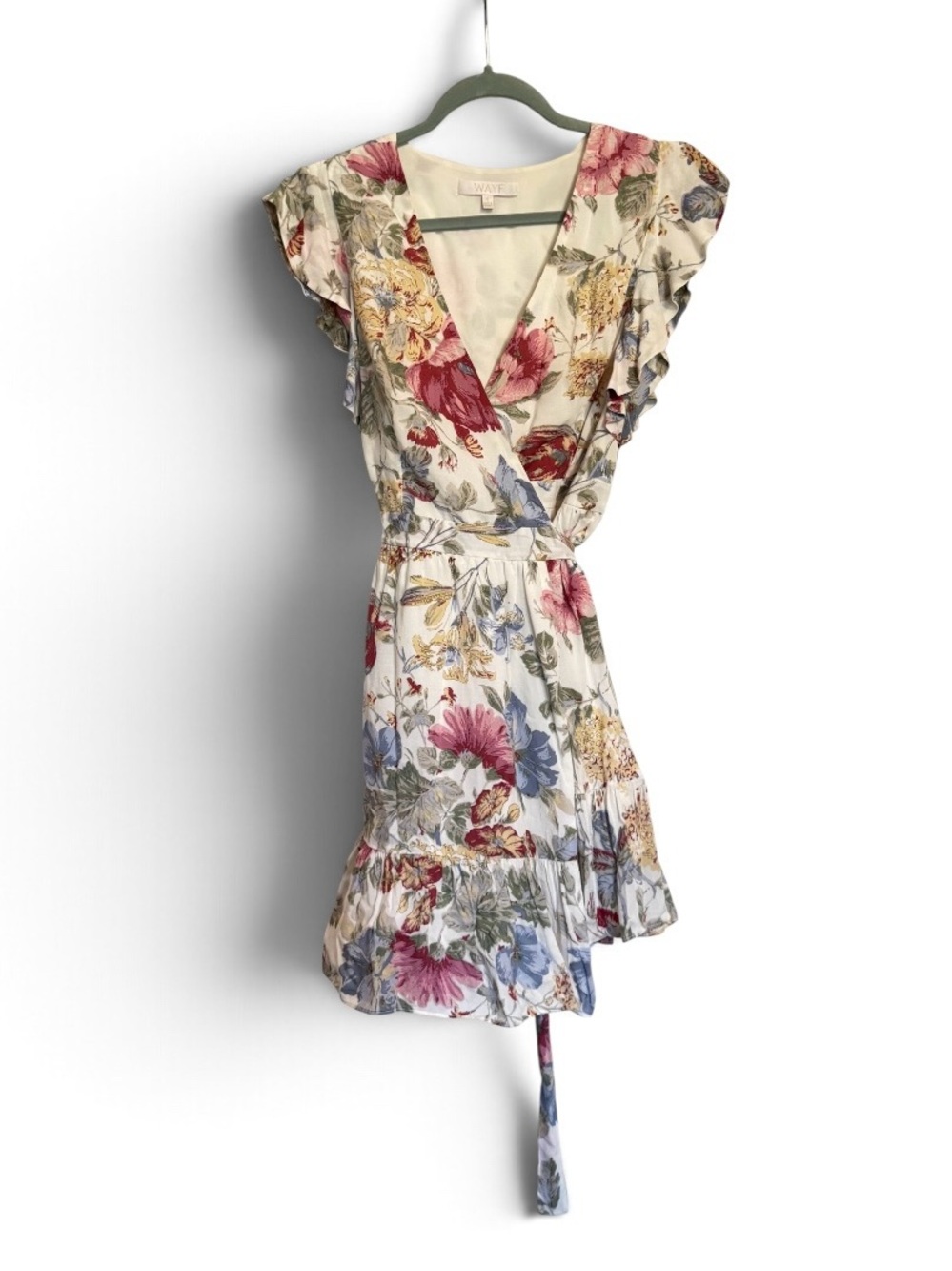 Wayf Cream Floral Wrap Dress with Pink, Blue & Yellow Blooms